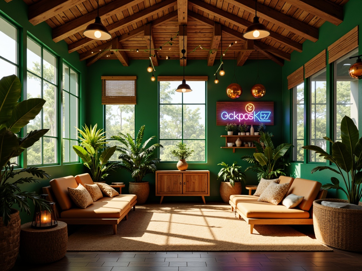 Prompt: Vibrant tropical game room, lush green walls, exotic plants, warm wood accents, colorful neon signs, playful string lights, soft ambient glow, cozy lanterns, bamboo furniture, rattan decorations, natural fiber rugs, ocean-inspired hues, sunny day, warm soft lighting, shallow depth of field, 1/1 composition, realistic textures, ambient occlusion.