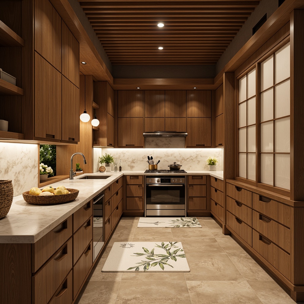 Prompt: Elegant Asian-style kitchen, rich wood tones, natural stone countertops, subtle grain patterns, earthy color palette, warm ambient lighting, soft water feature, bamboo accents, paper lanterns, traditional Japanese shoji screens, minimalist decor, organic shapes, gentle curves, polished chrome fixtures, soft-close cabinetry, natural fiber rugs, serene botanical prints.