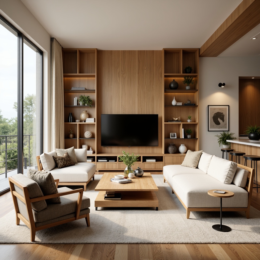 Prompt: Cozy living room, minimalist decor, sleek wooden furniture, optimal space planning, functional layout, comfortable seating, plush sofas, stylish armchairs, elegant coffee tables, modern TV stands, floor-to-ceiling windows, natural daylight, warm beige walls, soft carpet flooring, subtle texture contrasts, 1/1 composition, shallow depth of field, realistic reflections, ambient occlusion.