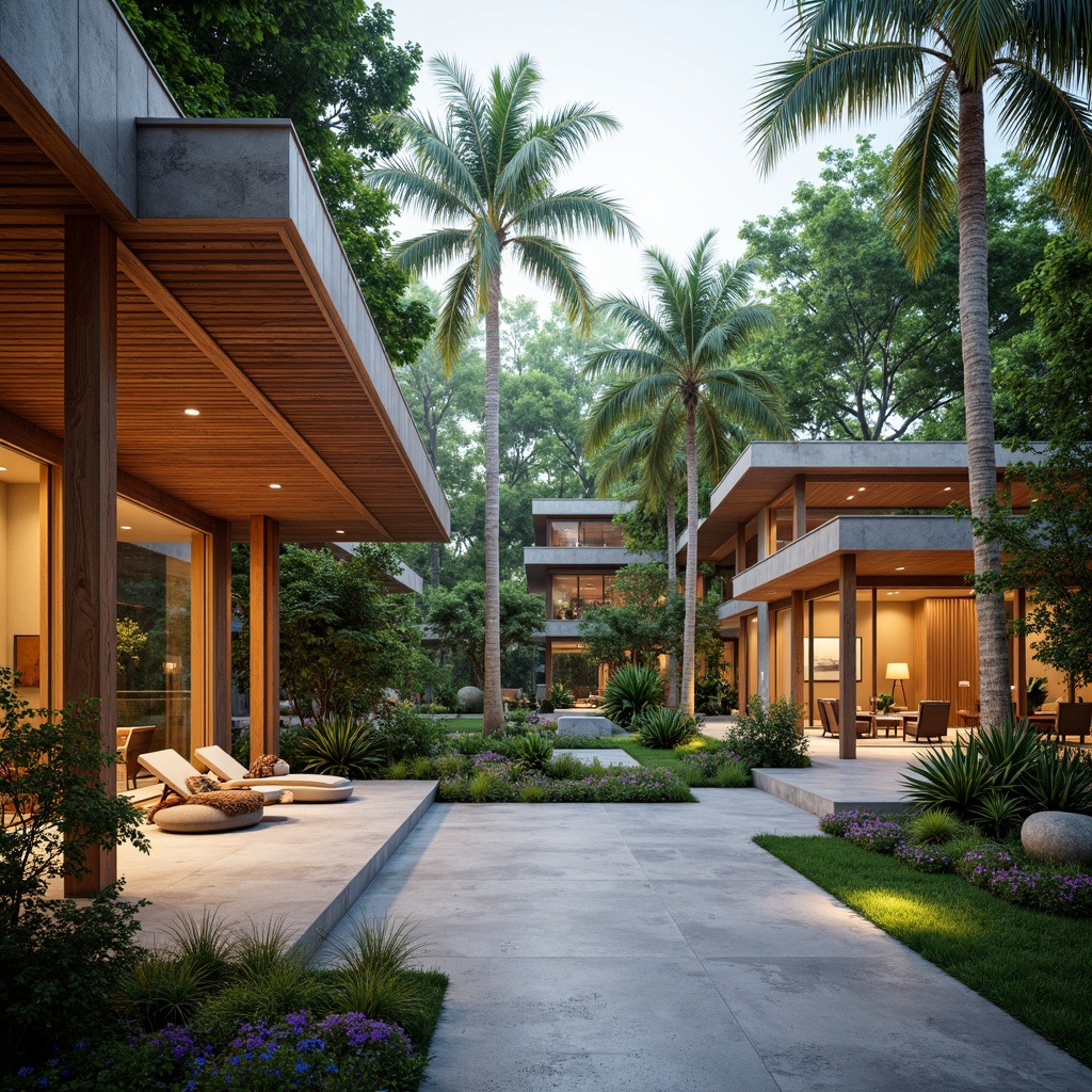 Prompt: Tropical style buildings, large overhanging eaves, wooden accents, natural materials, lush greenery, palm trees, exotic flowers, bright colors, open-air verandas, sliding glass doors, clerestory windows, high ceilings, minimalist interior design, reflective surfaces, polished concrete floors, ambient lighting, soft warm glow, shallow depth of field, 1/2 composition, panoramic view, realistic textures, ambient occlusion.