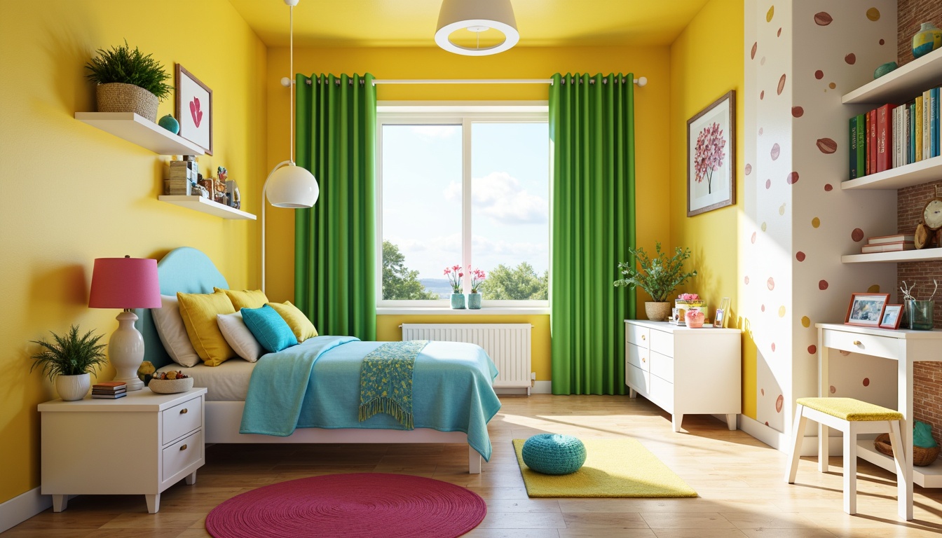 Prompt: Vibrant kids' bedroom, playful color scheme, bright yellow walls, soft pastel furniture, whimsical polka dots, creamy white accents, bold blue bedding, lively green curtains, fun colorful rugs, happy sunshine lighting, shallow depth of field, 1/1 composition, warm and cozy atmosphere, child-friendly textures, joyful decorative accessories.