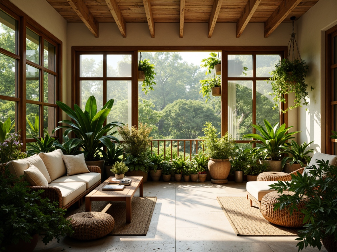 Prompt: Vibrant sunroom interior, lush greenery, tropical plants, natural stone flooring, wooden accents, floor-to-ceiling windows, sliding glass doors, rattan furniture, woven textiles, earthy color palette, warm soft lighting, shallow depth of field, 1/1 composition, realistic plant textures, ambient occlusion, cozy reading nook, hanging ferns, potted palms, botanical patterns, natural wood tones, organic shapes, airy atmosphere.