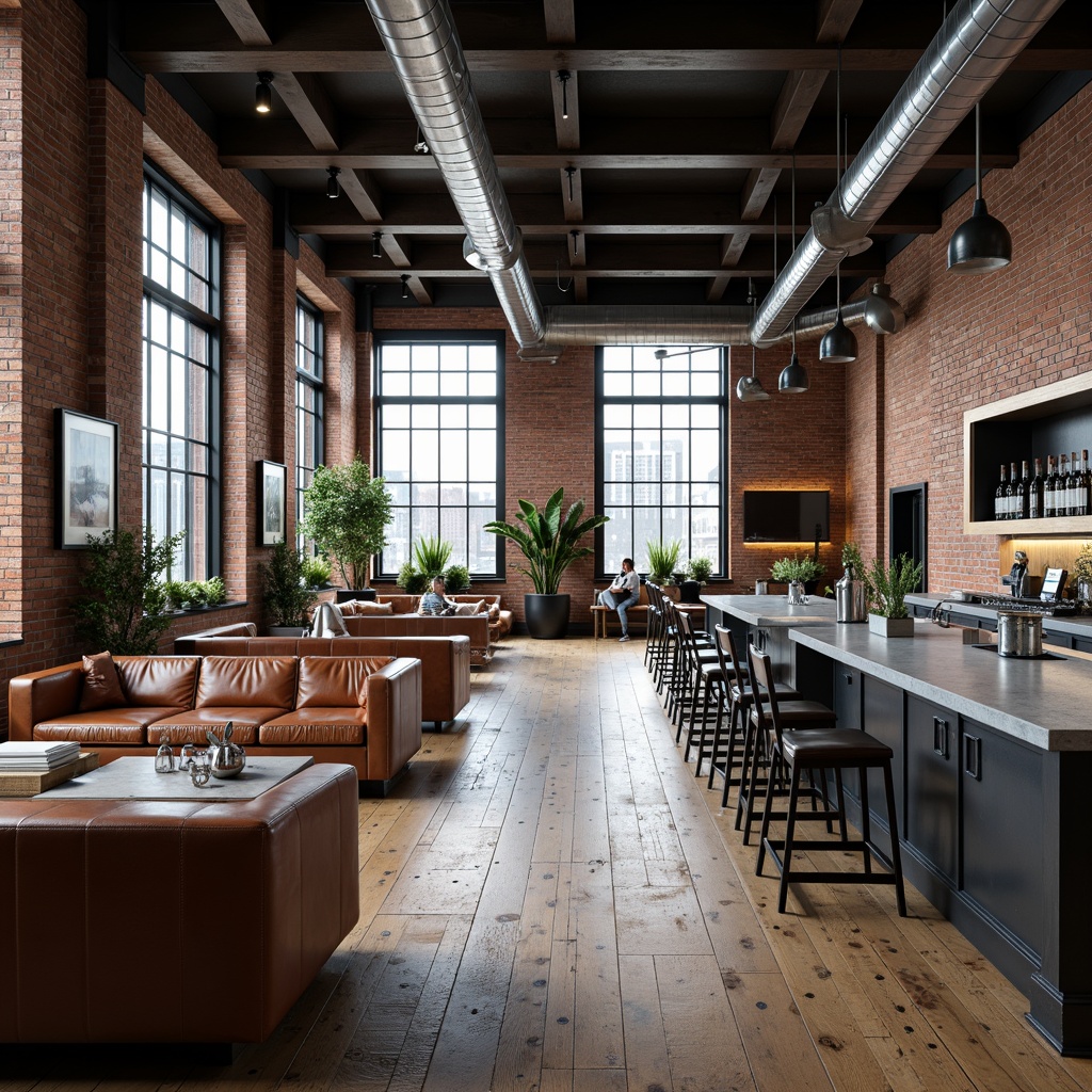 Prompt: Exposed brick walls, metal beams, reclaimed wood floors, industrial-style lighting fixtures, distressed leather sofas, vintage factory chairs, concrete countertops, metallic accents, urban loft atmosphere, modern minimalist decor, functional spaces, open floor plans, high ceilings, large windows, natural light, urban views, gritty textures, moody color palette, edgy decorative elements.