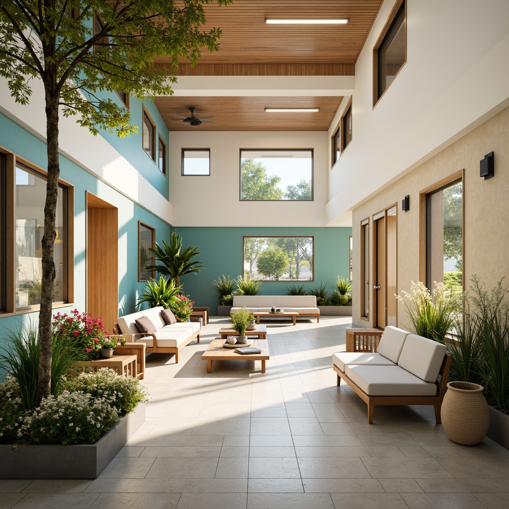 Prompt: Calming healthcare facility, soft pastel colors, gentle beige walls, soothing blue accents, warm wood tones, natural stone flooring, comfortable waiting areas, lush greenery, vibrant flower arrangements, calming water features, serene ambiance, warm indirect lighting, shallow depth of field, 1/1 composition, realistic textures, ambient occlusion.