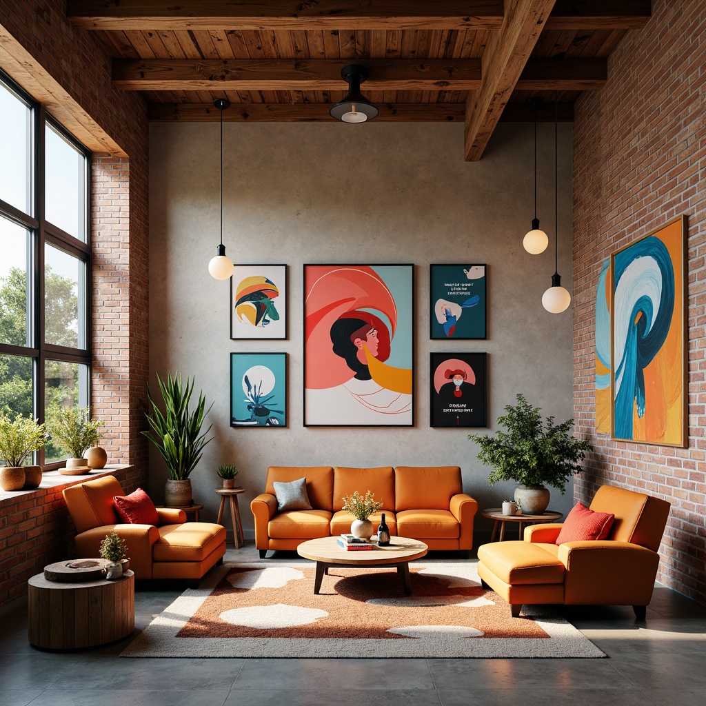 Prompt: Vibrant artistic studio, modern industrial architecture, exposed brick walls, polished concrete floors, eclectic furniture pieces, bold colorful artwork, creative lighting fixtures, inspirational quotes, natural textiles, earthy tone color palette, warm beige walls, rich wood accents, deep blue undertones, pop of bright coral, soft golden lighting, high contrast ratio, 2/3 composition, abstract expressionist style, realistic material textures, atmospheric mist effect.