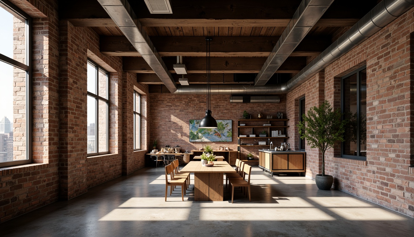 Prompt: Exposed brick walls, distressed finishes, urban loft ambiance, reclaimed wood accents, metal beam ceilings, industrial-style lighting fixtures, concrete floors, minimalist decor, functional simplicity, earthy color palette, natural materials, raw aesthetic, edgy vibe, dramatic shadows, low-key lighting, cinematic atmosphere, symmetrical composition, high-contrast textures.