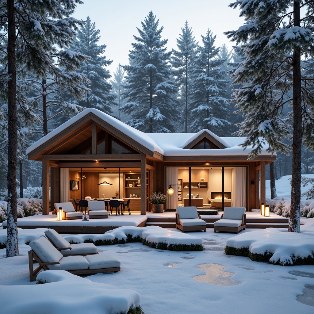 Prompt: Cozy Scandinavian villa, wooden facade, pitched roof, snow-covered surroundings, frozen lake, pine trees, warm candlelight, soft glowing lanterns, modern pendant lamps, minimalist chandeliers, natural stone fireplaces, comfortable sofas, rustic wooden furniture, woven textiles, creamy white walls, large windows, glass doors, snowy winter morning, gentle frosty mist, shallow depth of field, 1/1 composition, realistic textures, ambient occlusion.