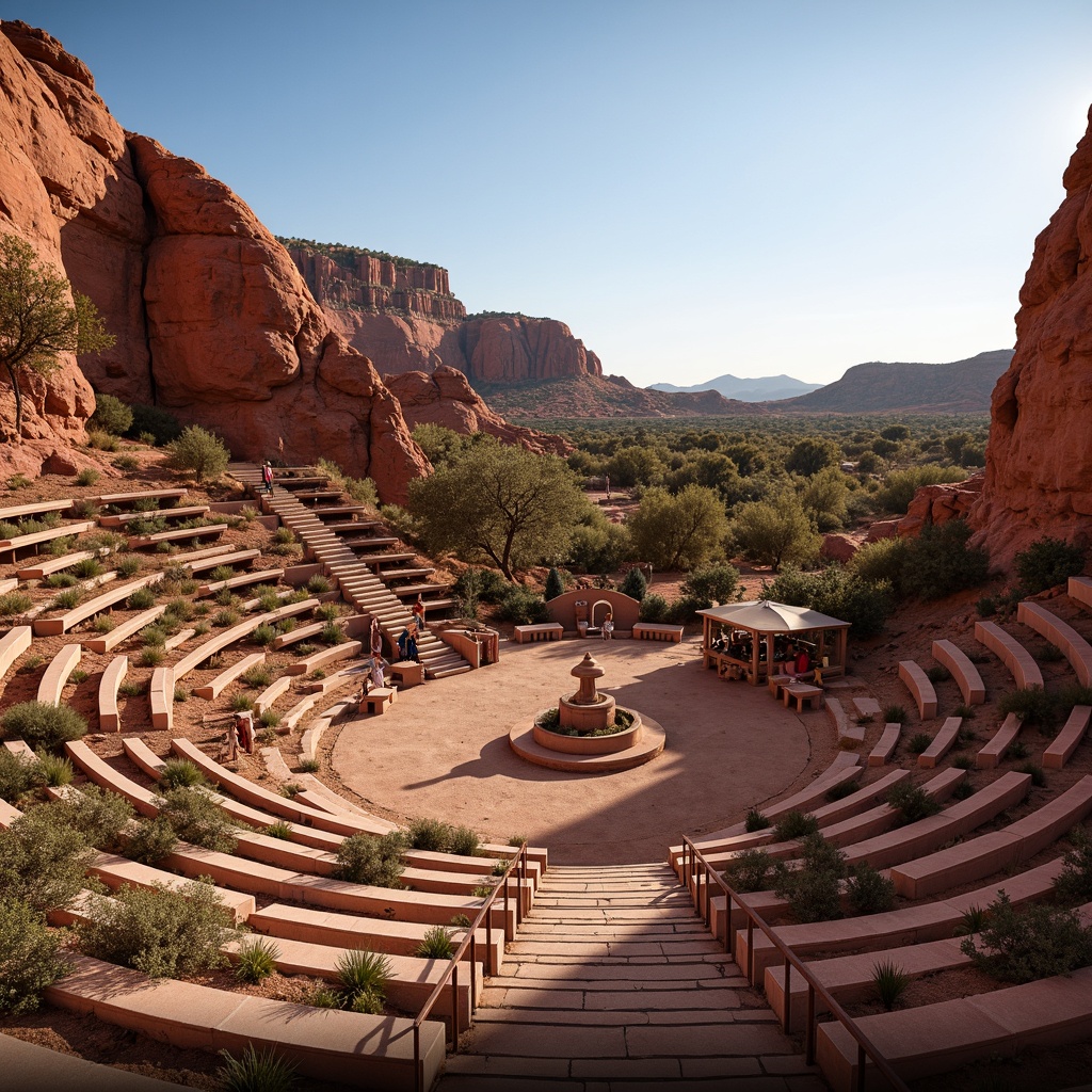 Prompt: Southwestern amphitheater, rugged natural landscape, red rock formations, sandy terrain, cacti plants, warm sunny day, clear blue sky, tiered seating, curved rows, wooden benches, earthy color palette, rustic metal railings, woven textile canopies, ambient acoustic design, optimized sound reflection, resonant frequencies, audio equipment integration, stage lighting systems, dramatic sunsets, golden hour soft warm lighting, shallow depth of field, 3/4 composition, realistic rock textures, ambient occlusion.