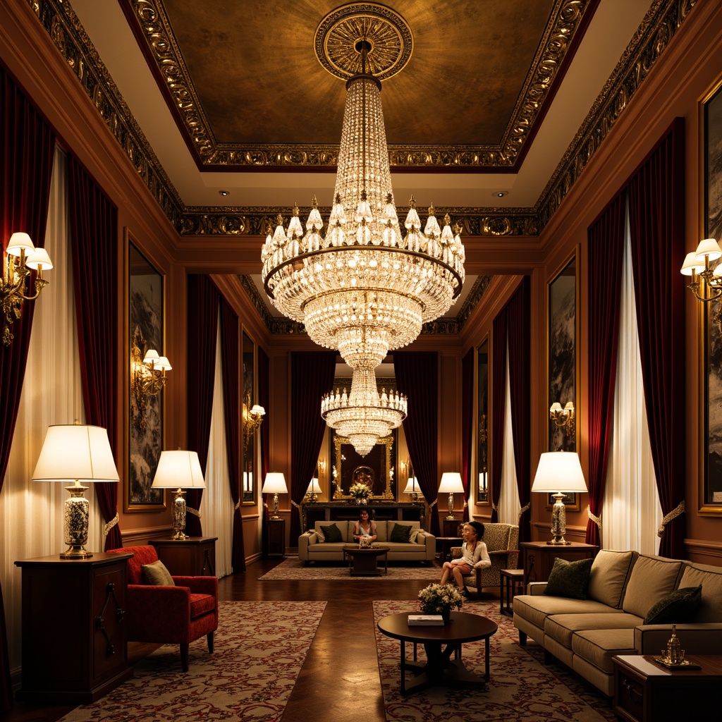 Prompt: Opulent chandeliers, polished chrome accents, luxurious crystal drops, ornate metalwork, geometric patterns, lavish sconces, metallic leaf detailing, rich velvet draping, dramatic floor lamps, sculptural table lamps, high-contrast lighting, warm golden glow, soft ambient illumination, 3/4 composition, symmetrical framing, ornate mirrors, lavish furnishings, luxurious textiles, vibrant jewel tones.