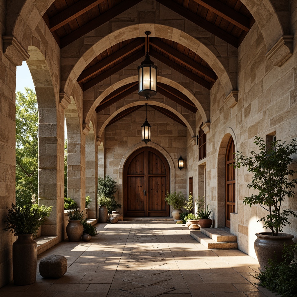 Prompt: Rustic monastery facade, rough-hewn stone walls, arched windows, ornate wooden doors, distressed finishes, earthy color palette, natural textures, vaulted ceilings, grand hallways, intricately carved furnishings, warm candlelight, soft shadows, atmospheric misting, 1/1 composition, symmetrical balance, serene ambiance, realistic stonework, ambient occlusion.