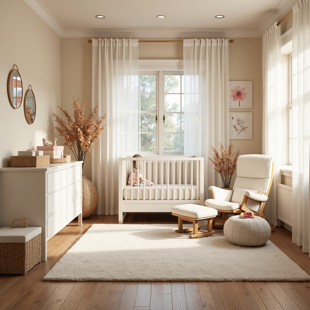 Prompt: Soft pastel colors, gentle nursery ambiance, plush area rugs, warm beige walls, comfortable gliders, cushioned ottomans, soothing fabric textures, calming baby blankets, delicate lace curtains, sweet floral patterns, creamy white furniture, natural wood accents, subtle lighting, cozy reading nooks, serene atmosphere, 1/1 composition, soft focus, realistic renderings.