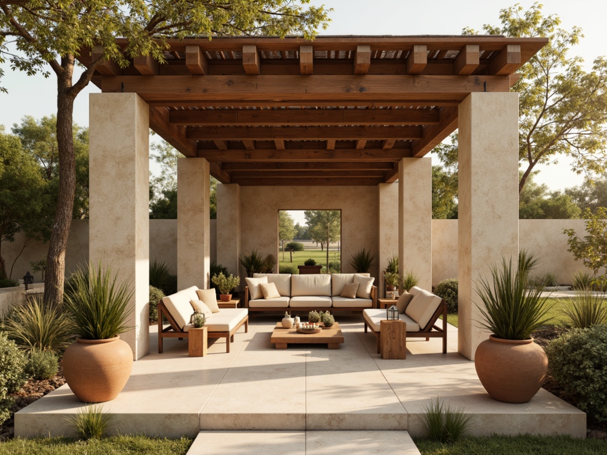 Prompt: Warm beige pavilion, natural stone columns, wooden accents, soft sage greenery, cream-colored textiles, earthy terracotta pots, distressed wood benches, vintage metal lanterns, warm golden lighting, shallow depth of field, 1/1 composition, realistic textures, ambient occlusion, tranquil atmosphere, serene landscaping, subtle color contrast, harmonious blend of traditional and modern elements.