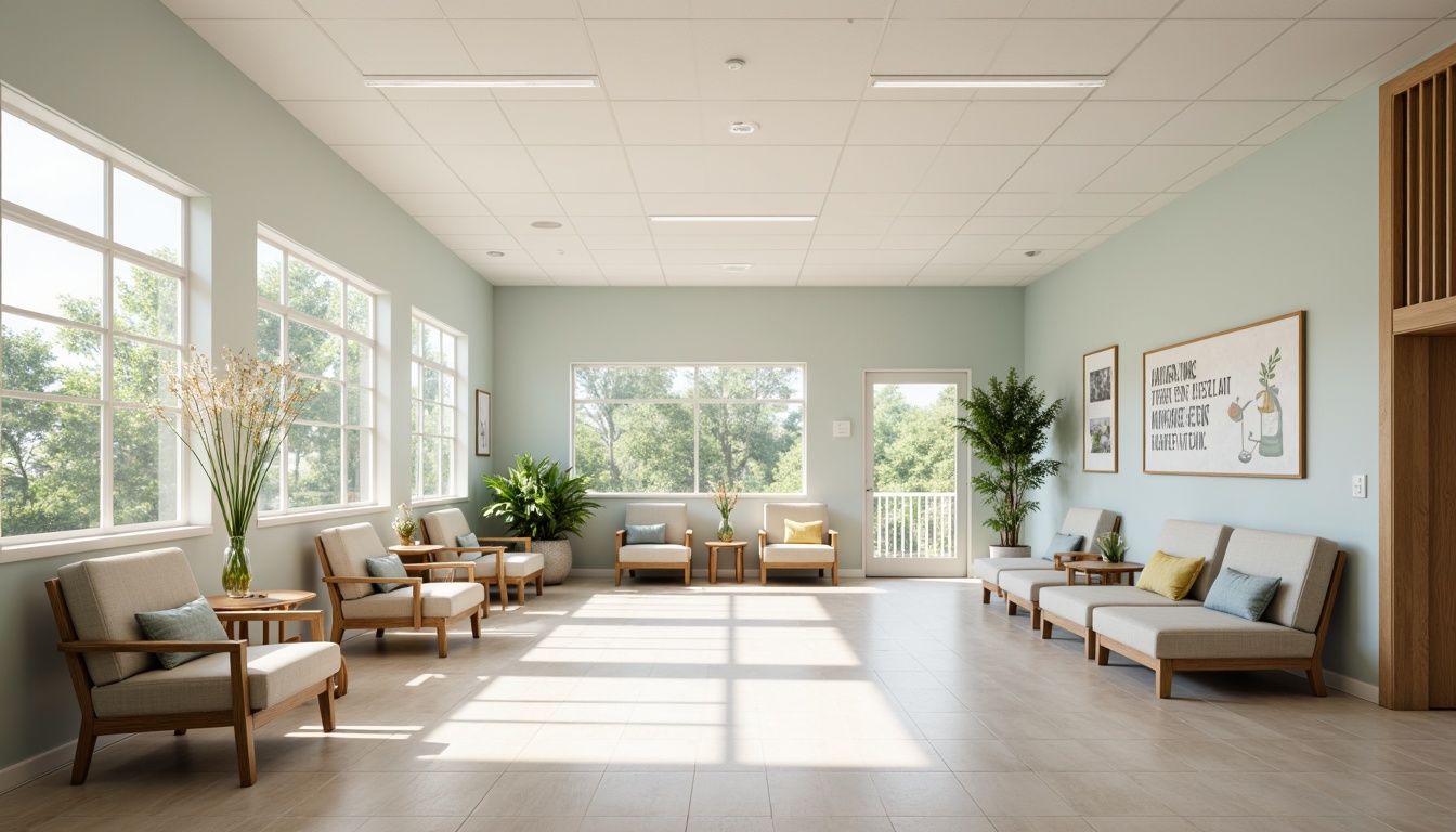 Prompt: Calming rehabilitation center, soothing color palette, creamy whites, soft blues, muted greens, warm beige, natural wood accents, comfortable furniture, cozy lighting, educational graphics, inspirational quotes, minimal ornamentation, clean lines, modern architecture, large windows, abundant natural light, shallow depth of field, 1/1 composition, realistic textures, ambient occlusion.