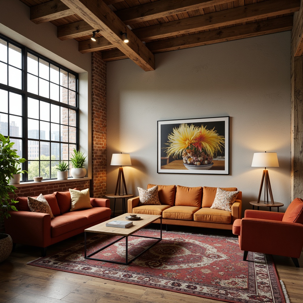 Prompt: Cozy living room, plush sofas, velvet armchairs, wooden coffee tables, floor lamps, soft cushions, warm beige walls, large windows, natural light, urban loft architecture, industrial chic decor, rustic wooden floors, modern minimalist style, comfortable seating arrangements, intimate conversation areas, decorative rugs, vibrant colorful throw pillows, soft warm lighting, 1/1 composition, realistic textures, ambient occlusion.