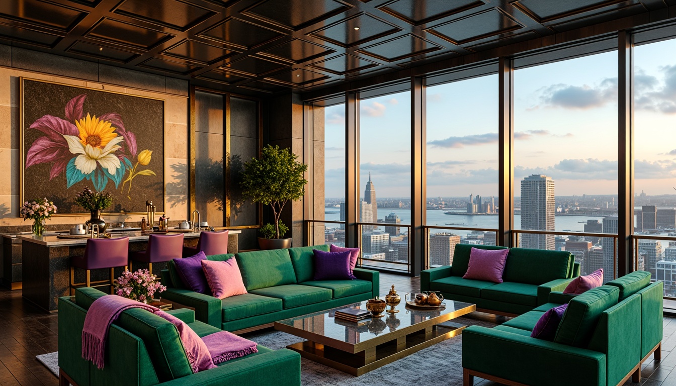 Prompt: Luxurious penthouse interior, lavish furnishings, opulent color palette, rich jewel tones, emerald green accents, sapphire blue hues, amethyst purple shades, gold leaf details, marble countertops, sleek metallic fixtures, high-gloss finishes, floor-to-ceiling windows, breathtaking cityscape views, warm golden lighting, shallow depth of field, 1/2 composition, cinematic framing, vibrant textures, ambient occlusion.