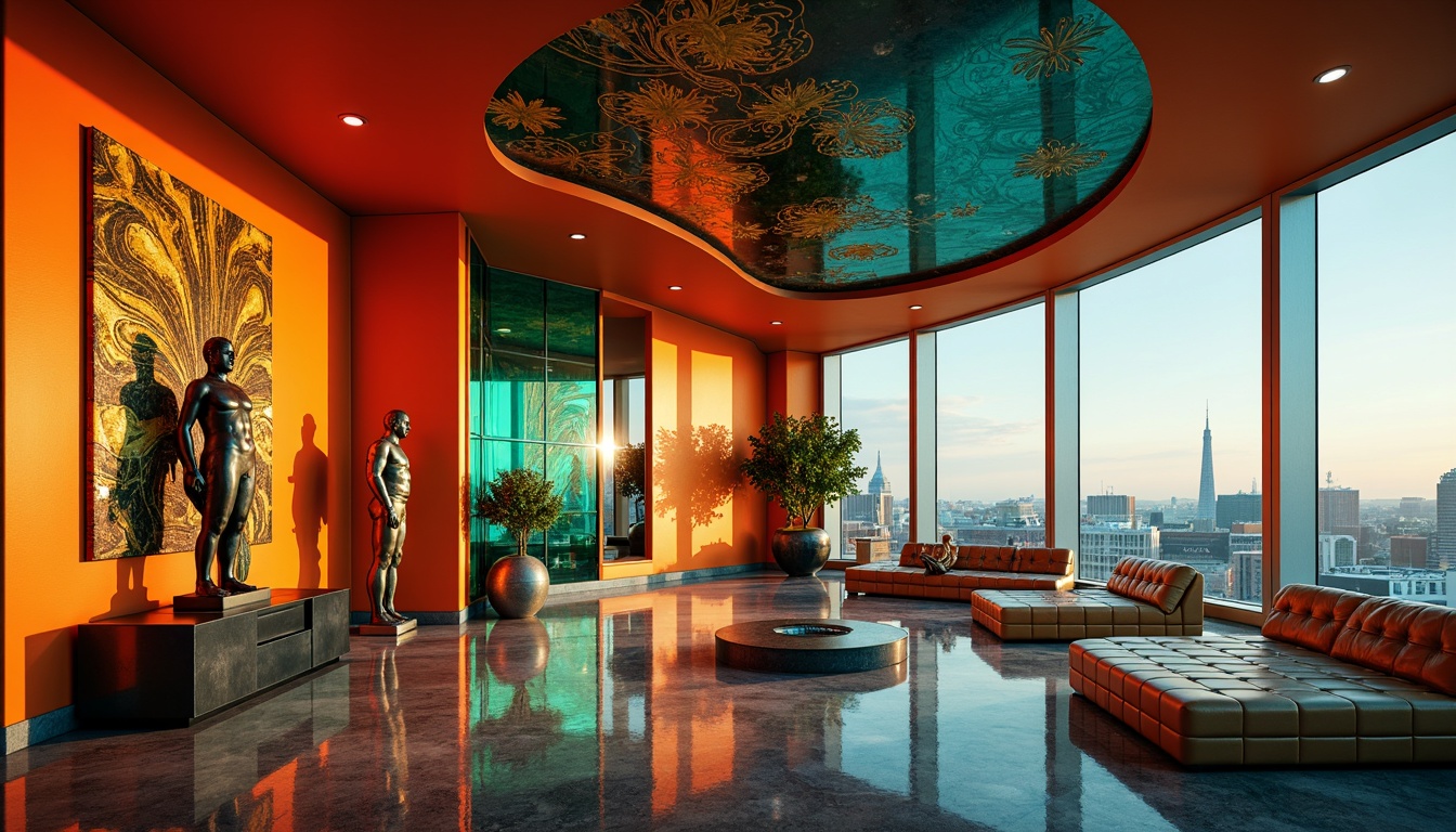 Prompt: Luxurious penthouse, expressionist architecture, bold color palette, vibrant orange hues, deep blues, emerald greens, metallic accents, lavish gold leafing, sleek marble floors, modern art pieces, abstract sculptures, floor-to-ceiling windows, panoramic city views, dramatic lighting, warm atmospheric ambiance, shallow depth of field, 1/1 composition, realistic textures, ambient occlusion.