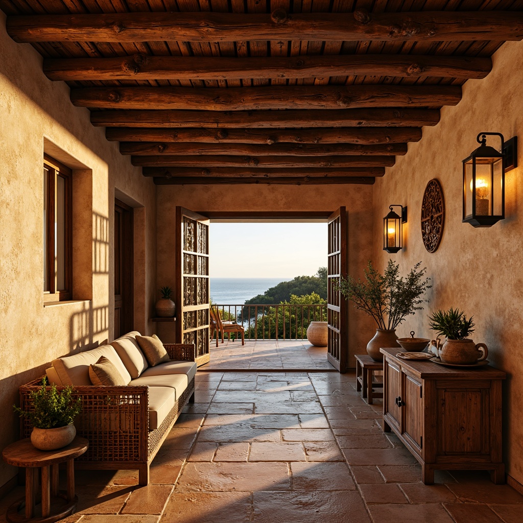 Prompt: Warm Mediterranean villa, rustic stone walls, terracotta tiles, ornate metalwork, lantern-style lighting fixtures, distressed wood accents, soft golden illumination, ambient warm glow, candle-like flame effects, subtle shadows, natural textures, earthy color palette, woven textiles, vintage decor pieces, cozy intimate spaces, relaxed atmosphere, gentle sea breeze, scenic ocean views, sunny afternoon, soft focus, 1/1 composition, realistic lighting simulations.