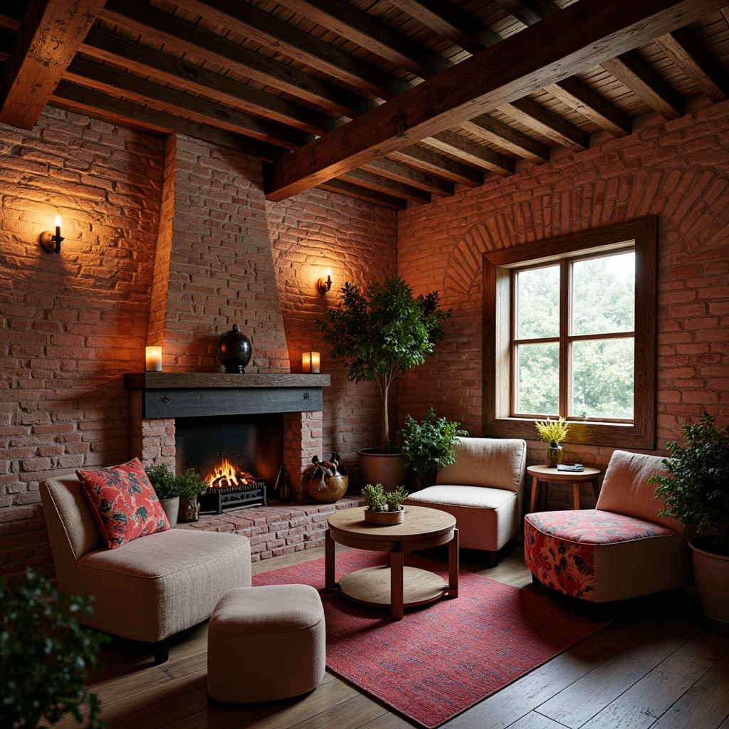 Prompt: Rustic cottage, exposed brick walls, earthy red tones, rugged stone foundations, distressed wooden beams, vintage metal accents, warm candle lighting, cozy fireplace, plush velvet furnishings, natural fiber textiles, botanical prints, soft morning light, shallow depth of field, 1/1 composition, realistic textures, ambient occlusion.