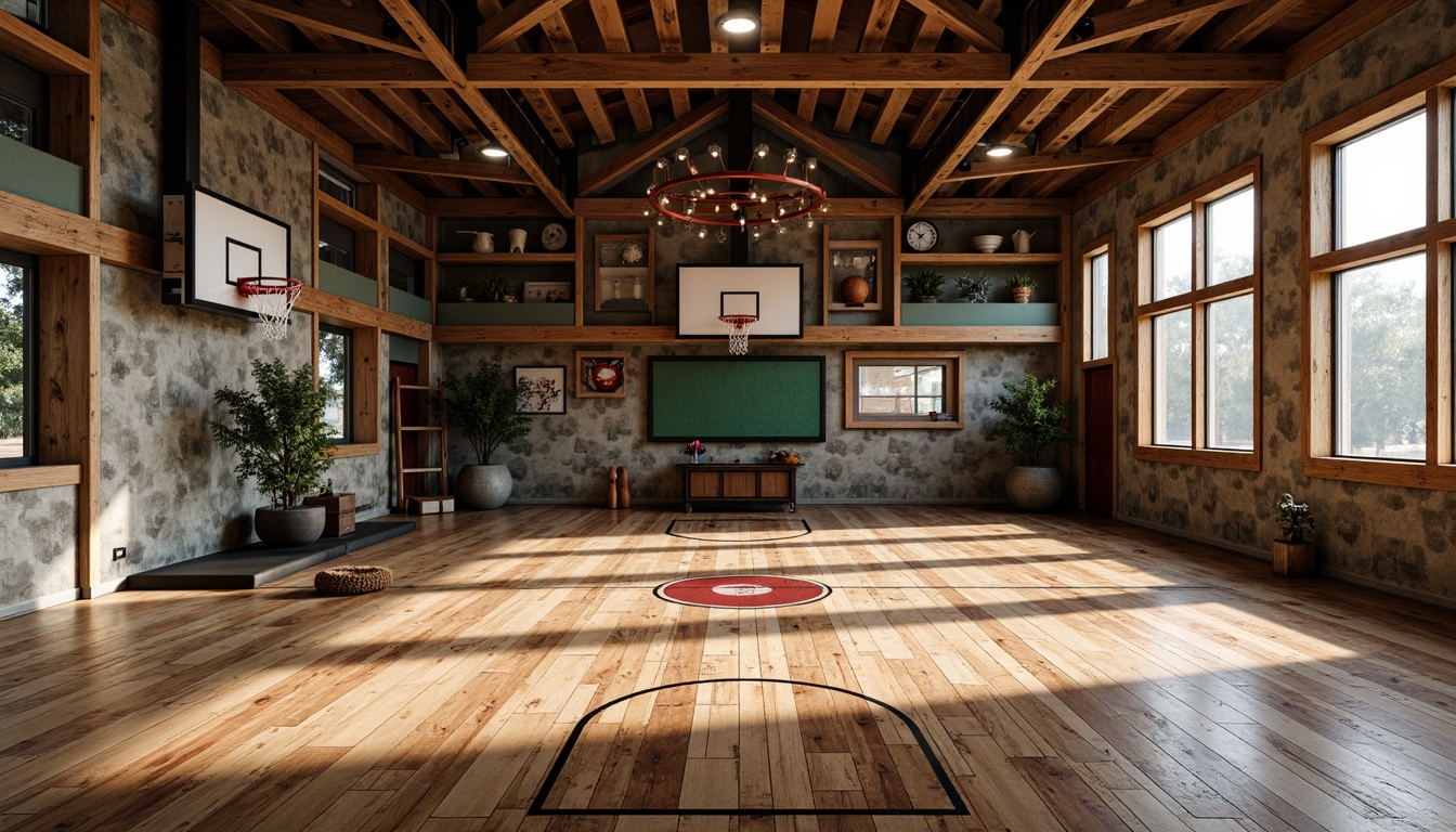 Prompt: Reclaimed wood flooring, distressed planks, vintage basketball court markings, rustic metal accents, earthy color palette, natural stone walls, exposed wooden beams, industrial-style lighting fixtures, worn-out gym equipment, nostalgic sports memorabilia, warm cozy atmosphere, softbox lighting, shallow depth of field, 1/2 composition, realistic textures, ambient occlusion.