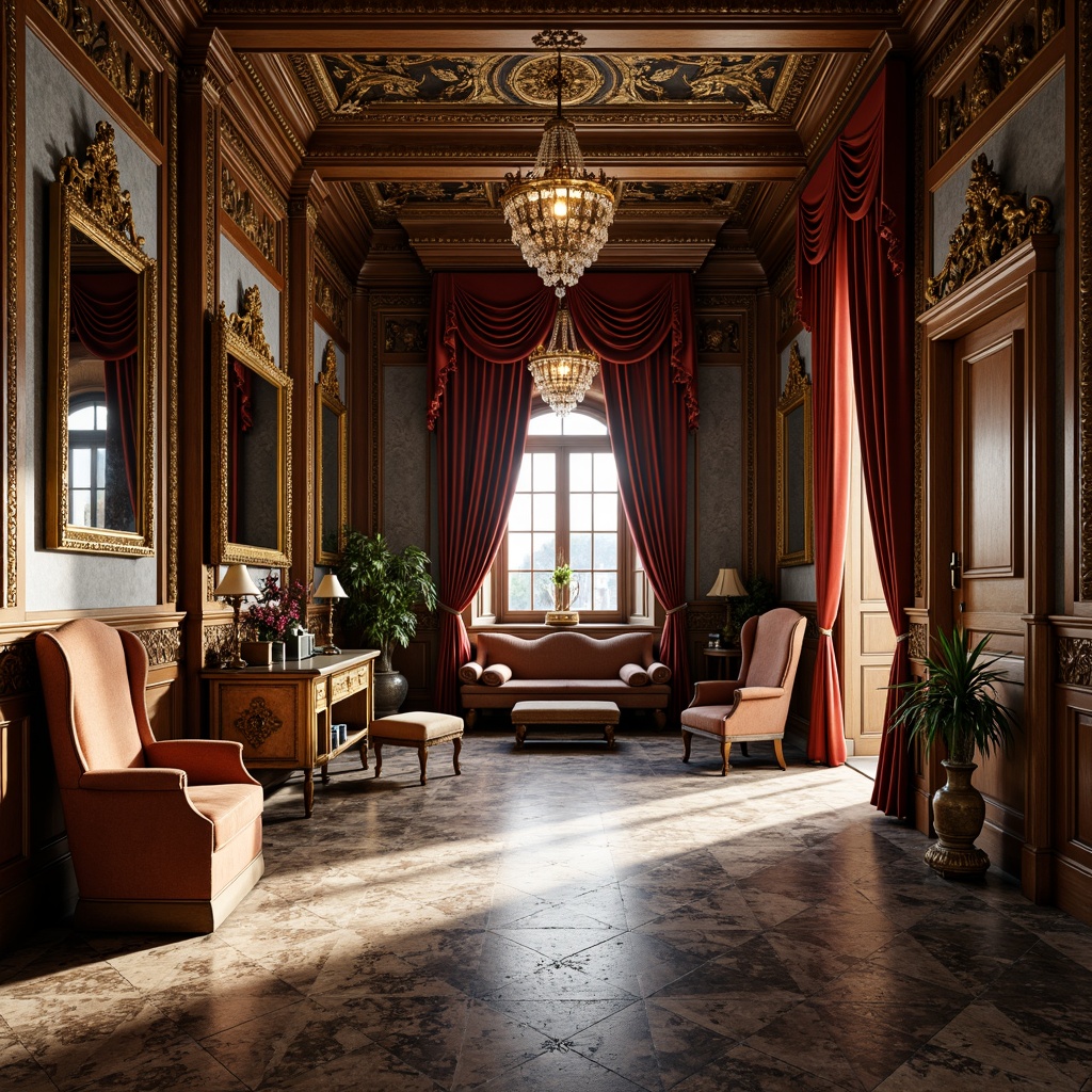 Prompt: Ornate mudroom, lavish furnishings, intricate carvings, gilded accents, ornamental mirrors, velvet drapes, rich tapestries, marble floors, ornate chandeliers, grandiose archways, dramatic lighting, warm color palette, 3/4 composition, shallow depth of field, realistic textures, ambient occlusion, Renaissance-inspired patterns, luxurious fabrics, elaborate moldings.