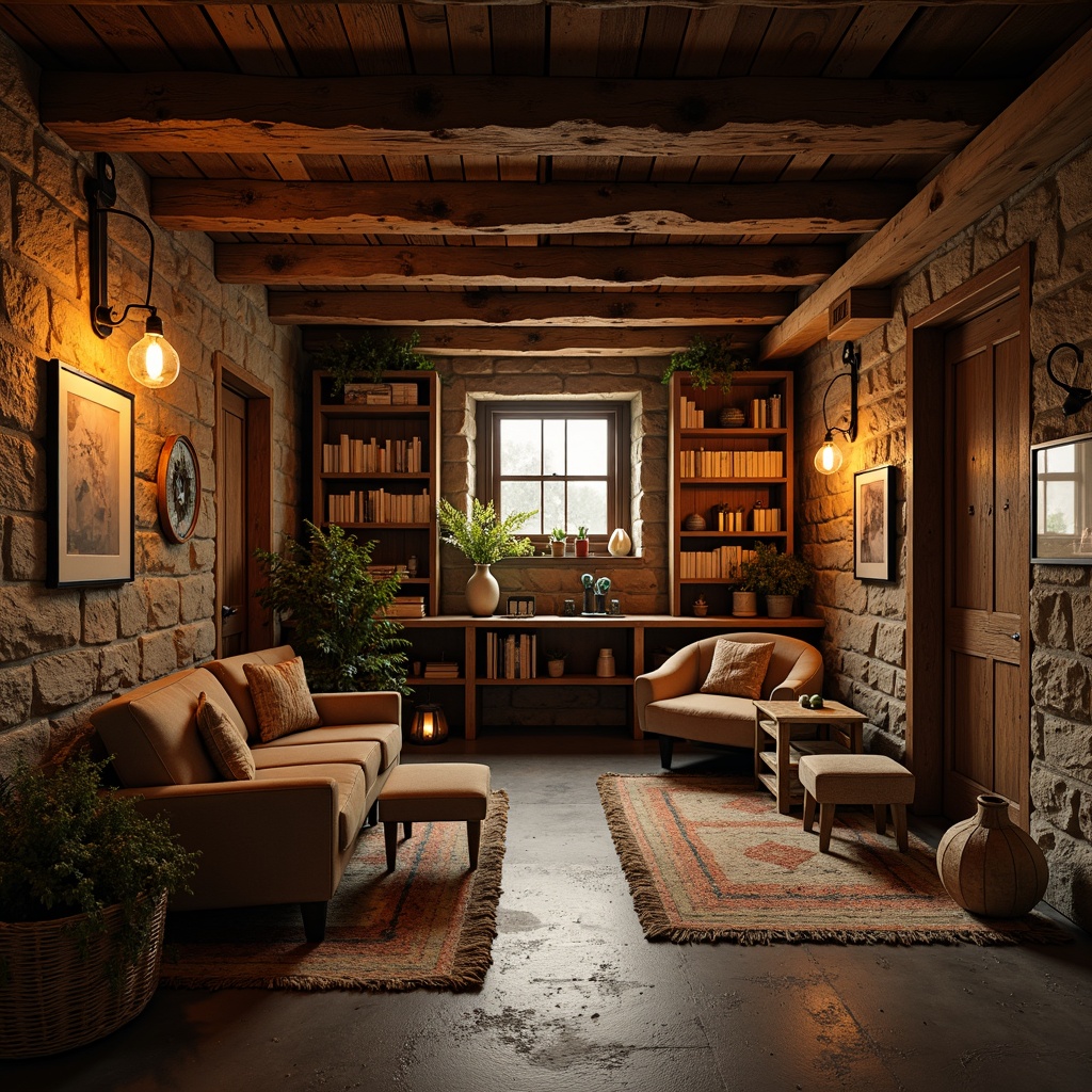 Prompt: Rustic basement, earthy tones, stone walls, wooden beams, vintage furniture, warm ambient lighting, industrial metal fixtures, Edison bulb pendants, candle-lit lanterns, distressed wood shelving, natural fiber rugs, cozy reading nooks, soft warm glow, low-key lighting, 1/1 composition, intimate atmosphere, realistic textures, subtle color palette.