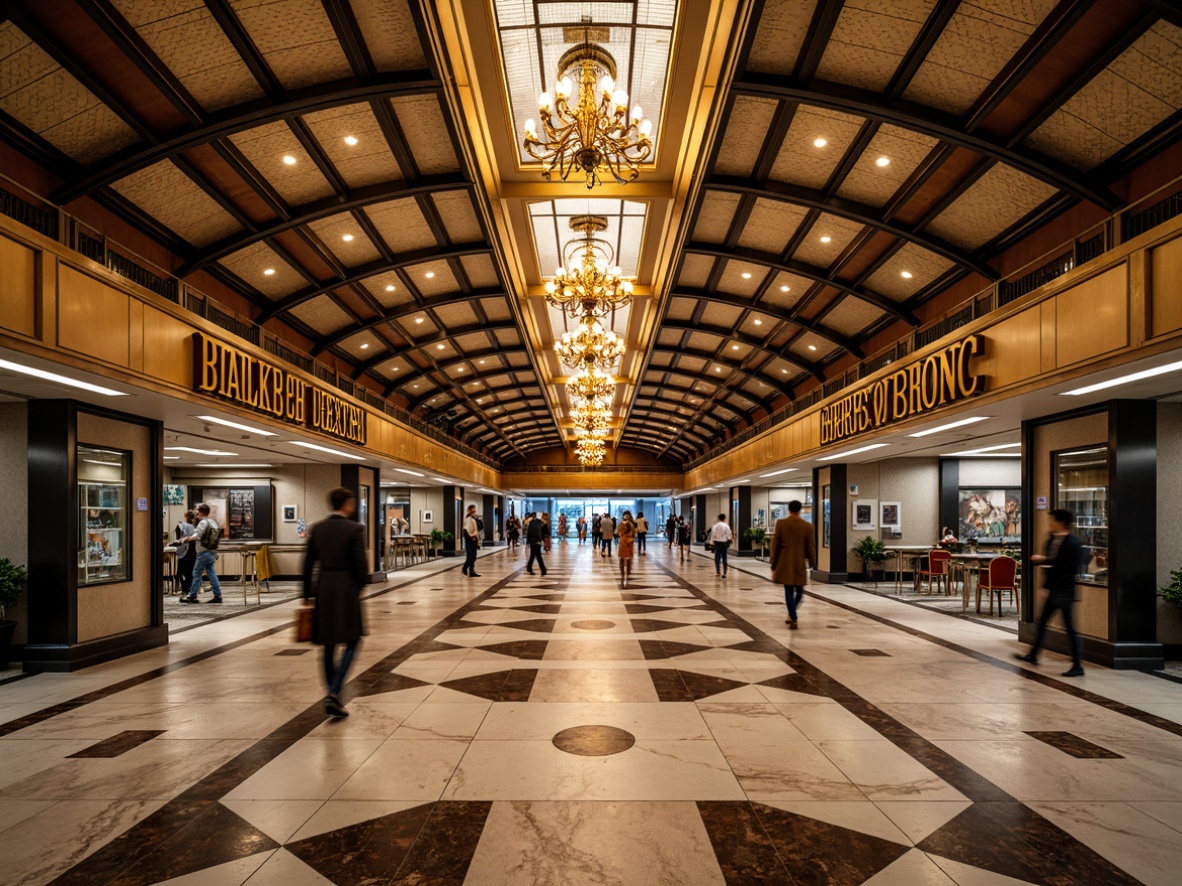 Prompt: Luxurious bus station, ornate metalwork, polished chrome accents, geometric patterned floors, lavish lighting fixtures, rich marble walls, metallic meshes, opulent chandeliers, intricate moldings, curved lines, vintage-inspired signage, elegant typography, sophisticated color palette, bold geometric shapes, glamorous atmosphere, warm golden lighting, high-contrast shadows, dramatic architecture, cinematic composition, realistic reflections.