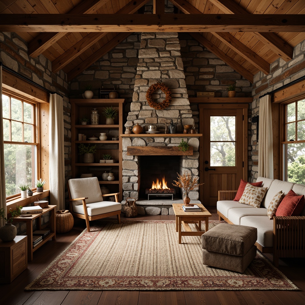 Prompt: Rustic cabin, natural stone walls, earthy tones, wooden accents, vintage decorations, cozy atmosphere, warm lighting, rustic furniture, woven textiles, nature-inspired patterns, reclaimed wood, distressed finishes, organic shapes, earthy scents, autumnal colors, soft focus, shallow depth of field, 2/3 composition, warm color palette.