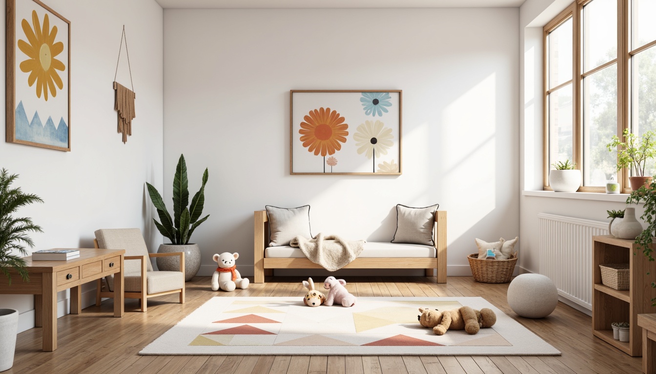 Prompt: Minimalist kids' room, white walls, wooden floors, simple furniture, bold color accents, geometric patterns, educational toys, natural textiles, eco-friendly materials, sustainable designs, plenty of storage, clutter-free space, abundant natural light, soft warm lighting, shallow depth of field, 3/4 composition, realistic textures, ambient occlusion.