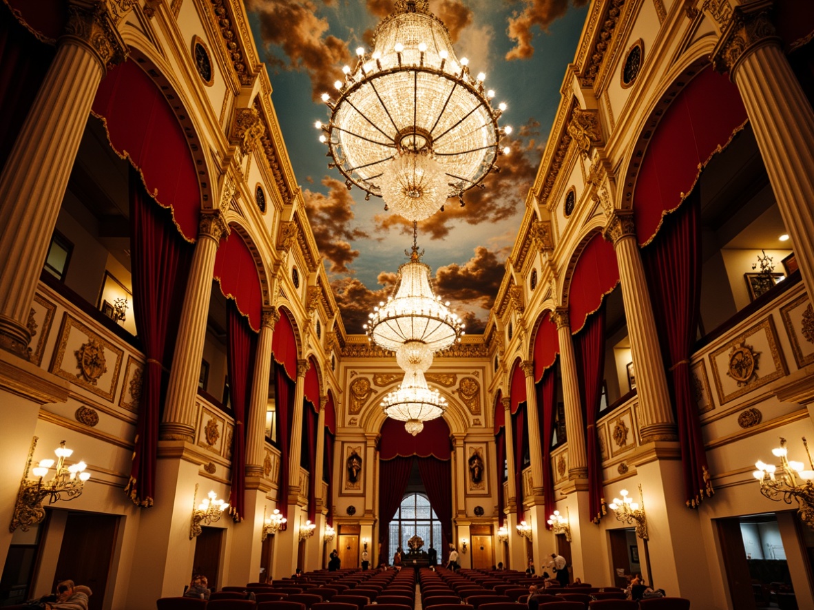 Prompt: Ornate opera house ceiling, gold leaf detailing, crystal chandeliers, velvet drapes, intricate frescoes, Baroque architecture, grand high ceilings, ornamental moldings, luxurious fabrics, rich wood tones, dramatic lighting effects, warm golden glow, soft focus, shallow depth of field, 1/1 composition, symmetrical framing, opulent textures, realistic reflections.