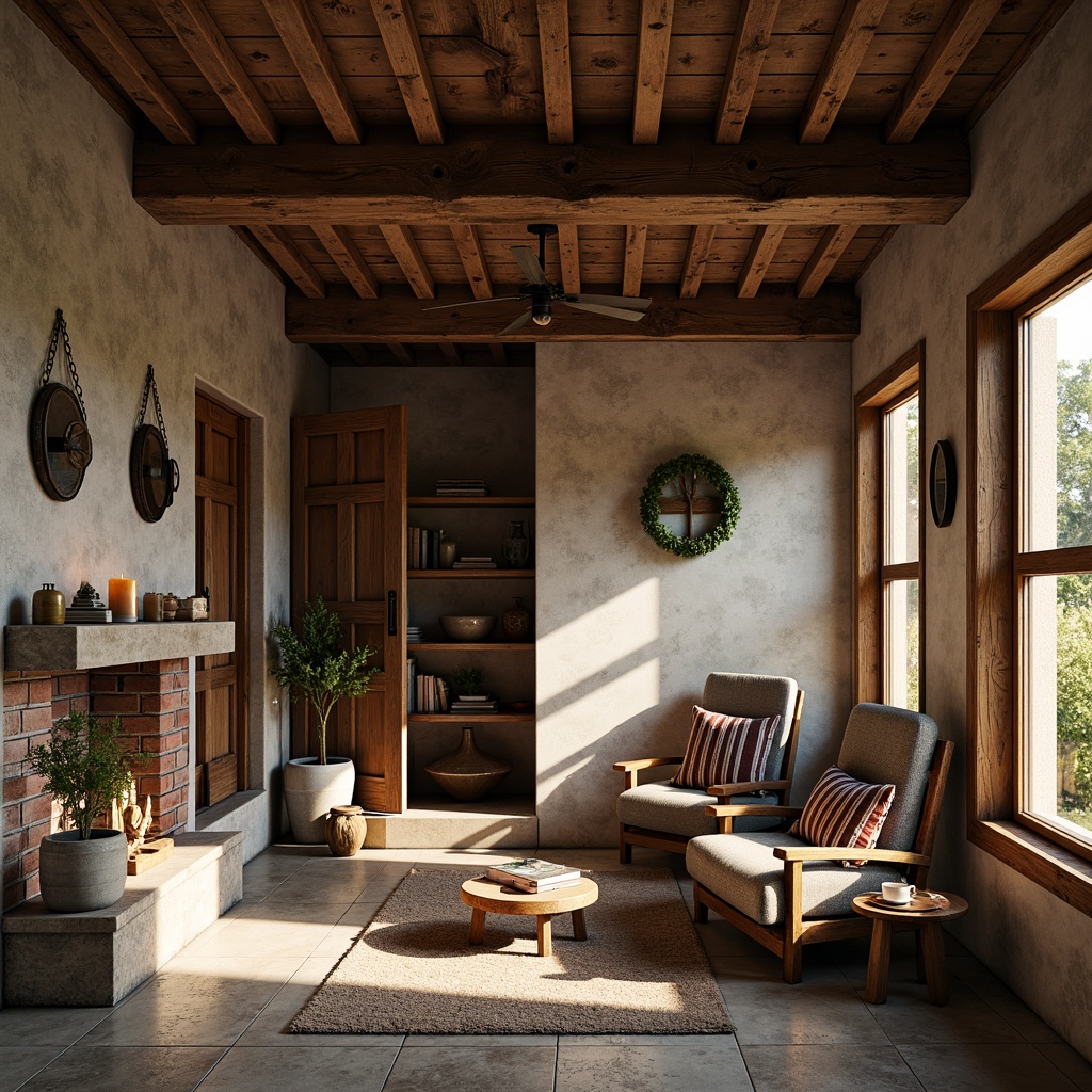 Prompt: Rustic farmhouse, distressed wood accents, vintage metal decorations, natural stone foundations, earthy color palette, textured walls, rough-hewn wooden beams, reclaimed barn wood, exposed brick features, cozy reading nooks, warm candle lighting, soft morning sunlight, shallow depth of field, 1/1 composition, realistic textures, ambient occlusion.