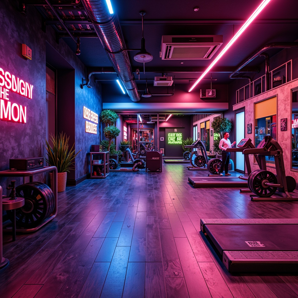 Prompt: Vibrant home gym, bold color palette, energetic atmosphere, neon-lit equipment, metallic accents, dark wood flooring, industrial-chic decor, motivational quotes, modern LED lighting, dynamic shadows, high-contrast colors, intense workout space, athletic-inspired artwork, sleek glass mirrors, rubber floor mats, functional storage units, sound-absorbing panels, natural ventilation systems, refreshing color tones.