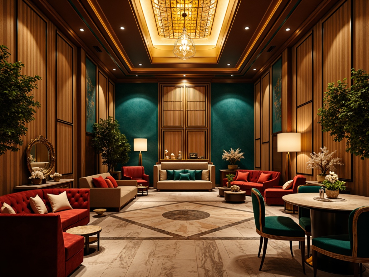 Prompt: Luxurious Art Deco interior, opulent metallic accents, rich jewel-toned colors, lavish geometric patterns, ornate furniture, velvet upholstery, polished marble floors, intricate moldings, gilded details, warm golden lighting, soft focus, shallow depth of field, 2/3 composition, cinematic view, highly detailed textures, ambient occlusion.