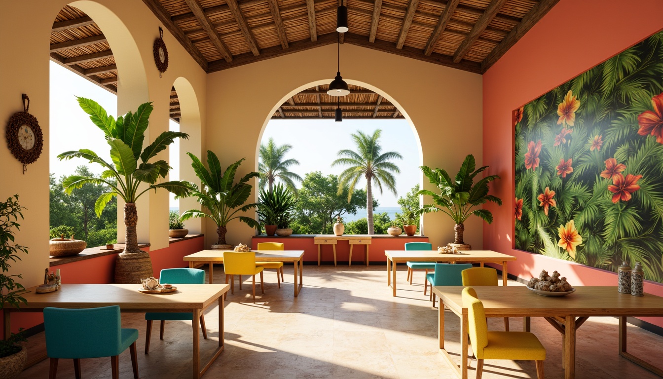 Prompt: Vibrant tropical classroom, warm beige walls, bright coral accents, lush greenery, exotic palm trees, colorful floral patterns, sunny yellow desks, turquoise blue chairs, natural wood textures, woven rattan furniture, ocean-inspired decor, seashell accessories, soft warm lighting, shallow depth of field, 1/1 composition, realistic textures, ambient occlusion.