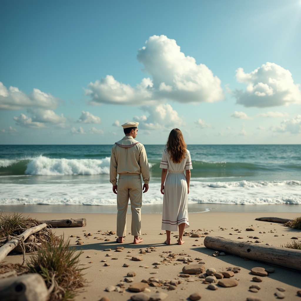 Prompt: Dreamy cerulean blue skies, soft white clouds, gentle ocean waves, sandy beach shores, weathered driftwood, rustic nautical ropes, vintage sailor uniforms, distressed denim fabrics, faded red stripes, creamy ivory accents, warm golden lighting, shallow depth of field, 1/1 composition, realistic textures, ambient occlusion.