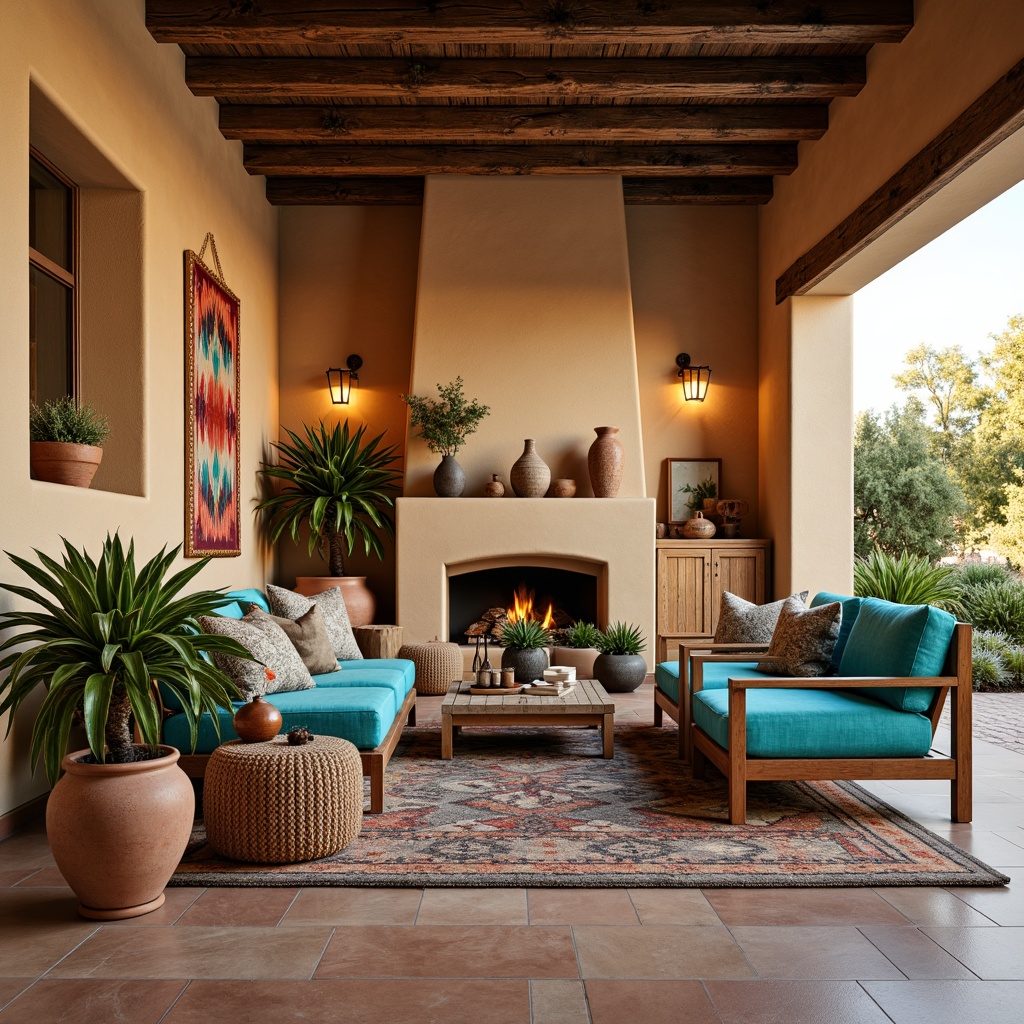 Prompt: Southwestern-inspired living room, vibrant turquoise accents, earthy terracotta pots, lush green succulents, rustic wooden furniture, woven textiles, geometric patterned rugs, natural fiber wall hangings, warm beige stucco walls, traditional Native American pottery, colorful serape blankets, statement lighting fixtures, distressed wood ceiling beams, cozy fireplace nook, soft warm glow, 1/1 composition, shallow depth of field, realistic textures.