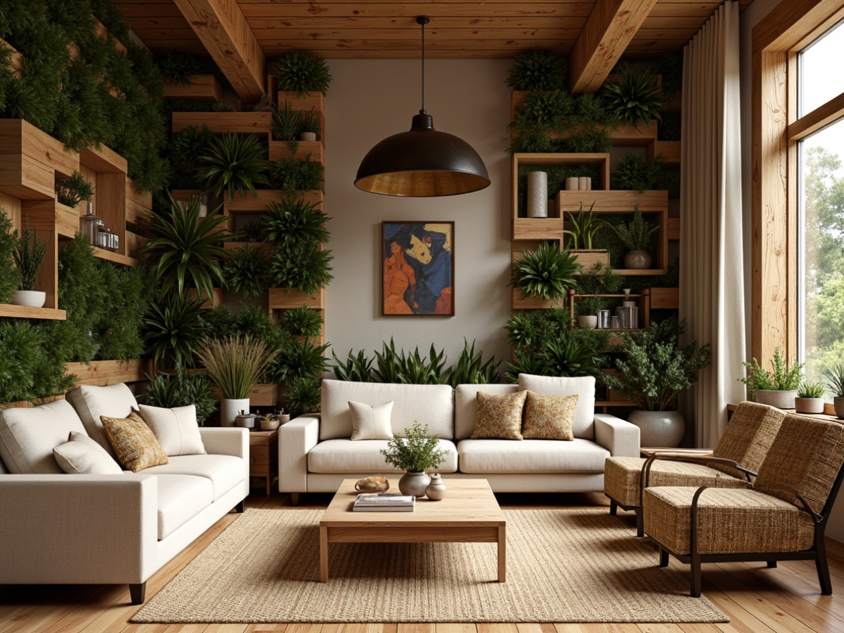 Prompt: Earthy tones, reclaimed wood accents, living green walls, organic textures, bamboo flooring, natural stone countertops, eco-friendly furniture, woven rattan details, sustainable fabric upholstery, earthy color palette, abundant natural light, soft warm lighting, shallow depth of field, 3/4 composition, panoramic view, realistic textures, ambient occlusion.