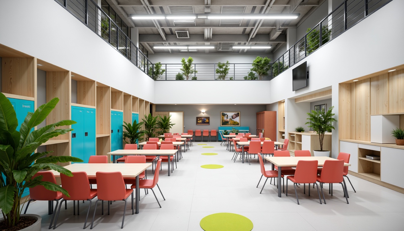 Prompt: Monochromatic high school interior, minimalist decor, bold color accents, sleek wooden furniture, polished metal frames, geometric shapes, clean lines, neutral backgrounds, vibrant coral chairs, turquoise lockers, lime green planters, softbox lighting, 1/1 composition, shallow depth of field, realistic textures, ambient occlusion.