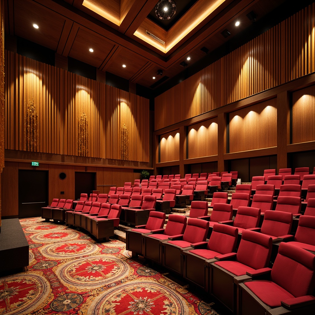 Prompt: Luxurious auditorium interior, plush velvet seats, richly patterned carpets, ornate curtains with golden tassels, intricately designed acoustic panels, vibrant colorful upholstery, modern minimalist lighting fixtures, sleek wooden trim, grand chandeliers, soft warm ambient lighting, shallow depth of field, 3/4 composition, realistic textures, ambient occlusion.