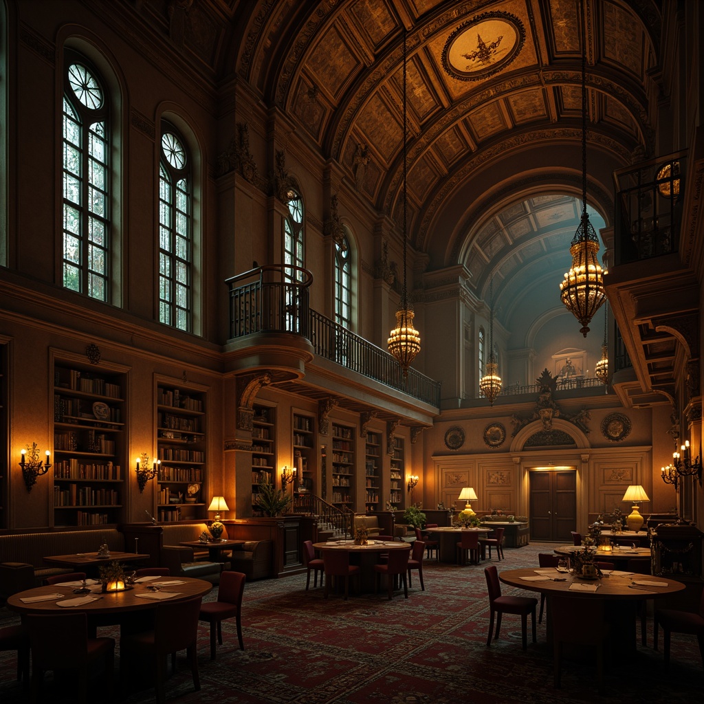 Prompt: Dimly lit grand reading room, ornate chandeliers, warm golden lighting, rich wood tones, stained glass windows, vaulted ceilings, intricate stone carvings, dramatic archways, mystical ambiance, soft warm glow, subtle shadows, high contrast ratio, atmospheric lighting, mysterious darkness, flickering torches, majestic columns, ornate metalwork, luxurious fabrics, dark wooden shelves, ancient tomes, misty atmosphere, eerie silence.