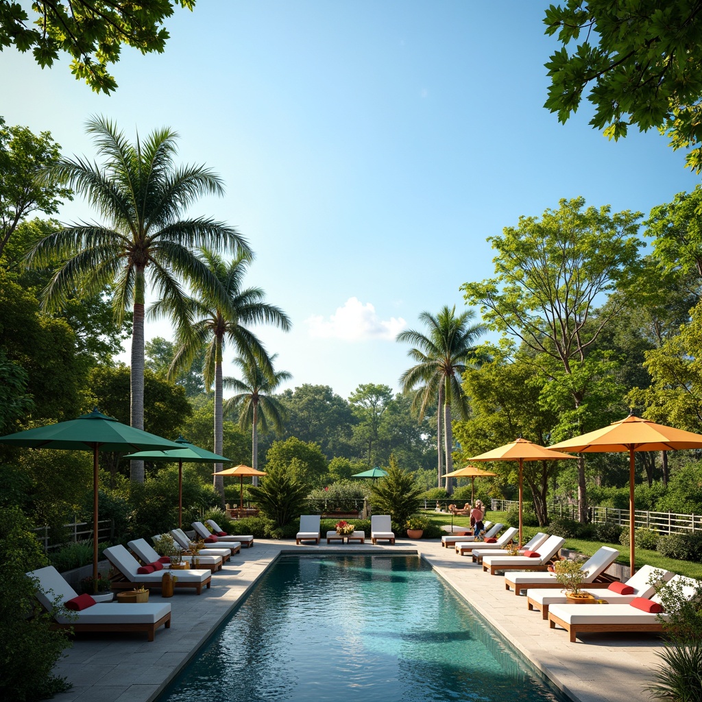 Prompt: Lush greenery surroundings, tropical plants, palm trees, sunny day, clear blue sky, vast open space, modern outdoor furniture, comfortable lounge chairs, colorful umbrellas, refreshing pool water, natural stone decking, wooden pool fencing, warm lighting, soft focus, shallow depth of field, 3/4 composition, panoramic view, realistic textures, ambient occlusion.