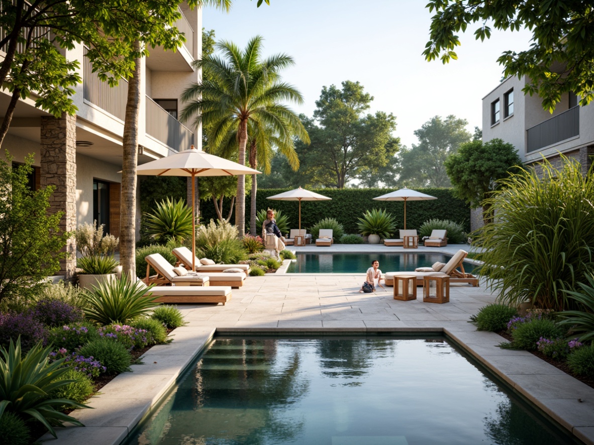 Prompt: Lush greenery, vibrant flowers, natural stone paving, outdoor furniture, umbrellas, lanterns, water features, infinity pool edges, modern minimalist design, sleek lines, reflective glass surfaces, tropical plants, palm trees, sunny day, warm soft lighting, shallow depth of field, 3/4 composition, panoramic view, realistic textures, ambient occlusion.