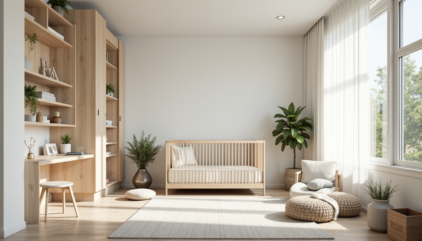 Prompt: Soft pastel hues, creamy whites, warm beiges, gentle grays, calming blues, soothing greens, modern minimalist crib, sleek wooden furniture, curved lines, airy feel, natural textiles, plush area rug, abstract geometric patterns, subtle metallic accents, softbox lighting, shallow depth of field, 1/1 composition, cozy reading nook, serene ambiance.