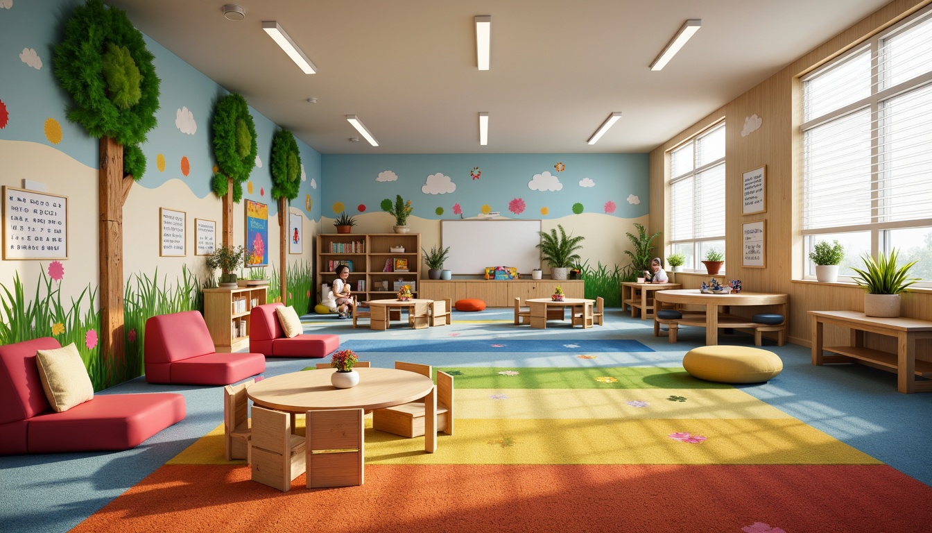 Prompt: Vibrant kindergarten classroom, colorful carpeted floor, ergonomic tiny chairs, wooden tables, whimsical wall murals, playful alphabet decorations, soft cushioned reading nooks, circular play areas, modern minimalist shelving units, rounded safety corners, educational display boards, interactive whiteboards, cozy corner libraries, natural wood accents, bright overhead lighting, shallow depth of field, 1/1 composition, warm inviting atmosphere, realistic textures, ambient occlusion.