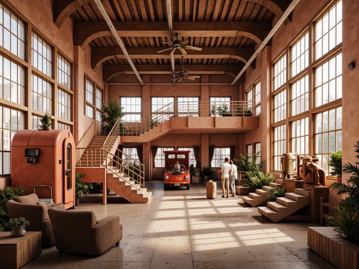 Prompt: Warm coral hues, soft peach tones, creamy whites, rich gold accents, industrial factory setting, neoclassical architecture, ornate columns, grand staircases, large windows, metal beams, exposed brick walls, distressed concrete floors, vintage machinery, eclectic decorative elements, warm atmospheric lighting, shallow depth of field, 2/3 composition, realistic textures, ambient occlusion.