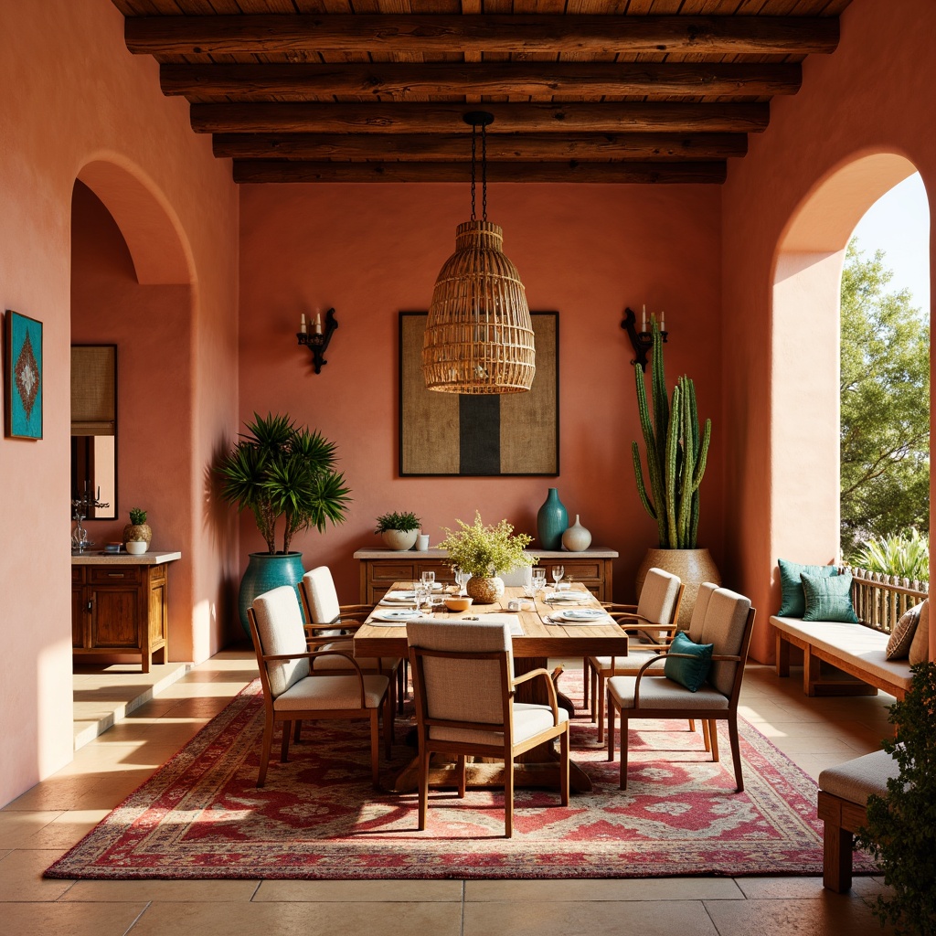 Prompt: Southwestern style dining room, warm earthy tones, terracotta red walls, sandy beige floors, turquoise accents, vibrant Native American patterns, woven textiles, rustic wooden furniture, natural linen upholstery, pendant lanterns, candles, desert botanicals, cacti, succulents, sun-kissed adobe architecture, warm golden lighting, shallow depth of field, 1/2 composition, realistic textures, ambient occlusion.