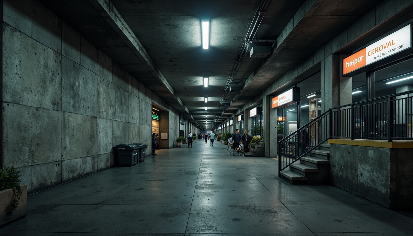 Prompt: Exposed concrete walls, rugged textures, industrial lighting fixtures, dramatic shadows, cold tone color palette, functional signage, urban underground atmosphere, busy commuter traffic, harsh overhead lighting, neon signs, metallic railings, geometric shapes, minimal ornamentation, raw concrete columns, brutalist architecture, stark simplicity, low ceilings, utilitarian aesthetic, high-contrast lighting, deep shadows, cinematic mood, realistic materials, detailed textures.