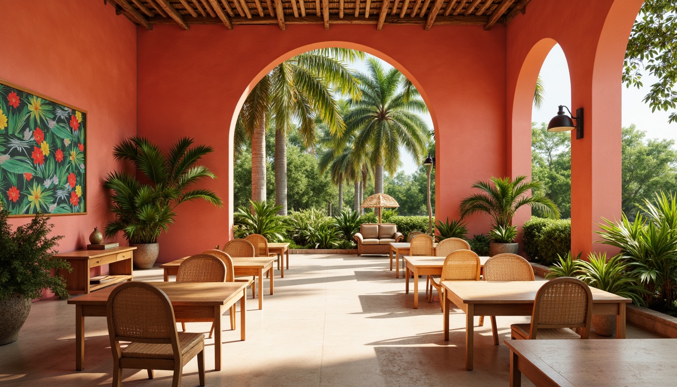 Prompt: Vibrant tropical classroom, bright coral walls, warm beige floors, lush greenery, exotic palm trees, colorful floral patterns, natural wood accents, woven bamboo furniture, rattan decorative elements, sunny day, soft warm lighting, shallow depth of field, 3/4 composition, panoramic view, realistic textures, ambient occlusion.