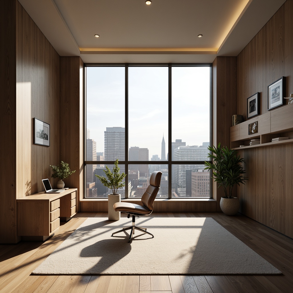 Prompt: Minimalist home office, sleek wooden desk, ergonomic chair, Streamline Moderne style, curved lines, monochromatic color scheme, matte finishes, built-in shelving, floor-to-ceiling windows, natural light, urban city view, morning sunlight, soft warm glow, shallow depth of field, 1/1 composition, realistic textures, ambient occlusion, linen fabrics, cotton textiles, woven patterns, subtle geometric motifs.