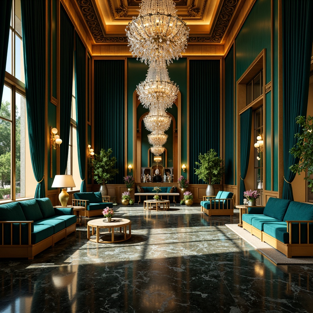 Prompt: Luxurious great room, Art Deco style, rich jewel tones, emerald green, navy blue, metallic gold accents, bold geometric patterns, ornate furnishings, velvet drapes, marble flooring, crystal chandeliers, lavish textiles, opulent decor, sophisticated ambiance, warm golden lighting, dramatic shadows, high-contrast composition, cinematic framing, elegant lines, glamorous atmosphere.