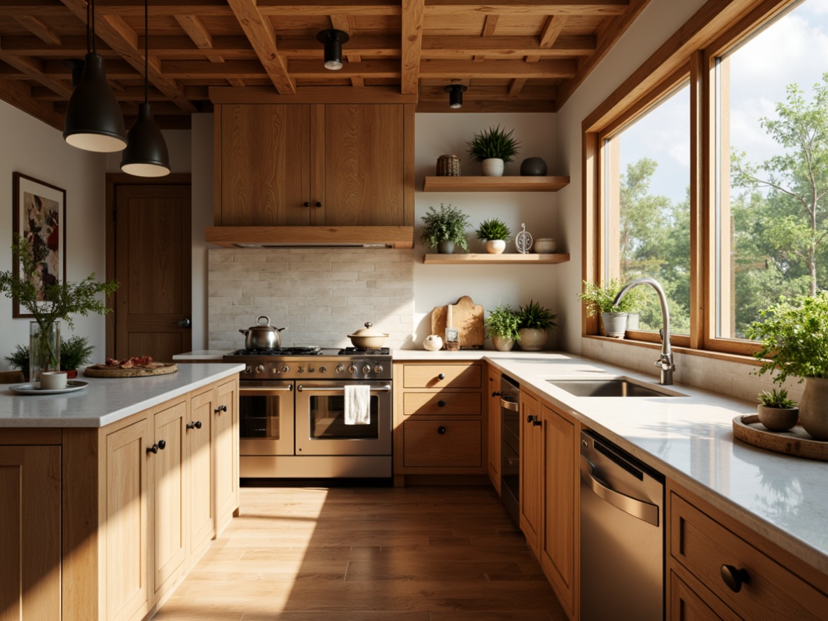 Prompt: Cozy kitchen, warm earthy tones, rich wood cabinetry, soft creamy countertops, stainless steel appliances, elegant pendant lighting, modern farmhouse style, natural stone backsplash, fresh greenery, sunny morning light, soft focus, 1/2 composition, intimate atmosphere, subtle texture details.